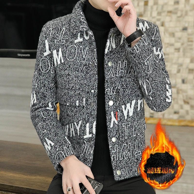 Muški kratki vuneni kaput s krznenim detaljima, podstava 100%, ovratnik Turn-Down, bez kopča