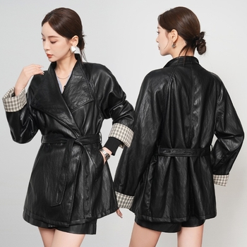 Kožni kaput od ovčje kože s Western ovratnikom, srednja duljina, pojas, elegantan gradski stil