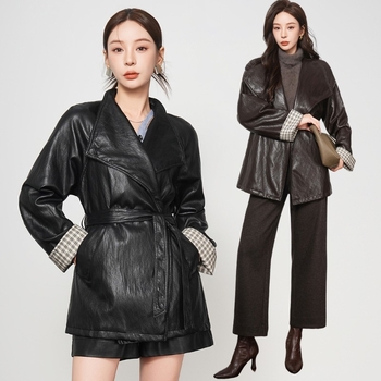 Kožni kaput od ovčje kože s Western ovratnikom, srednja duljina, pojas, elegantan gradski stil