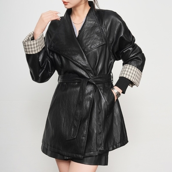 Kožni kaput od ovčje kože s Western ovratnikom, srednja duljina, pojas, elegantan gradski stil