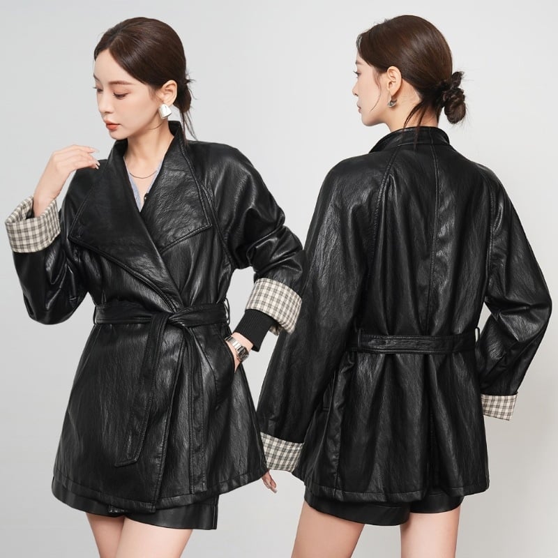 Kožni kaput od ovčje kože s Western ovratnikom, srednja duljina, pojas, elegantan gradski stil