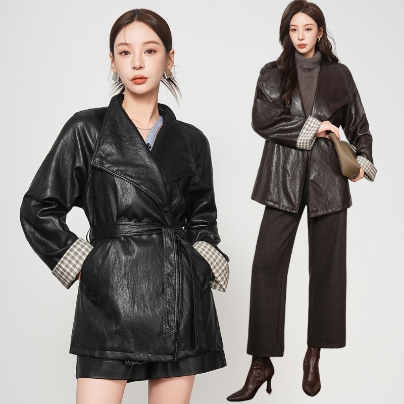 Kožni kaput od ovčje kože s Western ovratnikom, srednja duljina, pojas, elegantan gradski stil