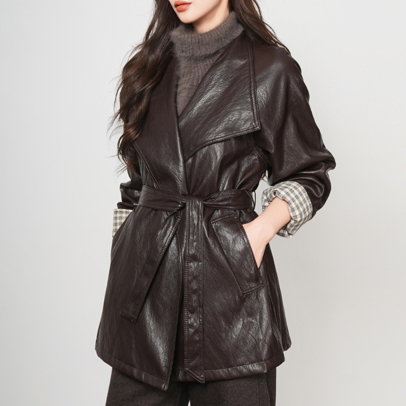 Kožni kaput od ovčje kože s Western ovratnikom, srednja duljina, pojas, elegantan gradski stil