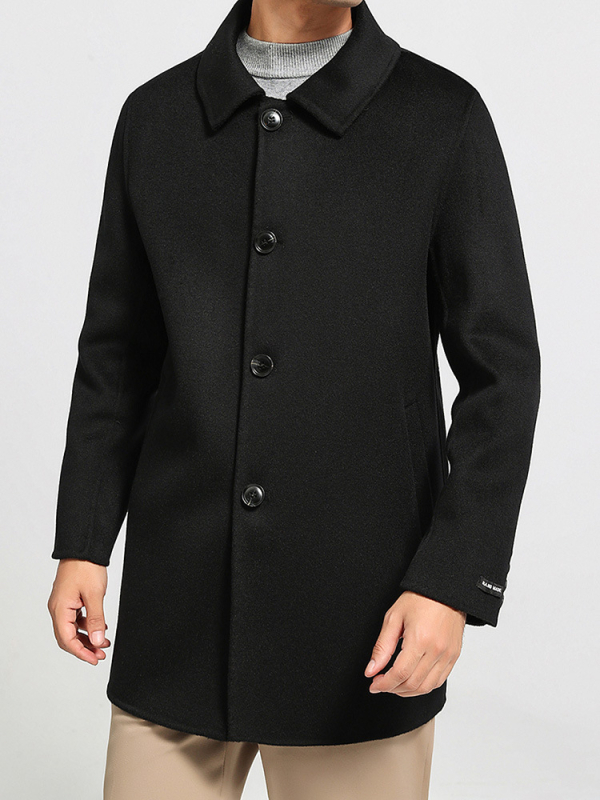 Muški vuneni kaput s dvostrukim nošenjem, srednje duljine, jednoredno kopčanje, opuštena silueta, poslovni casual stil