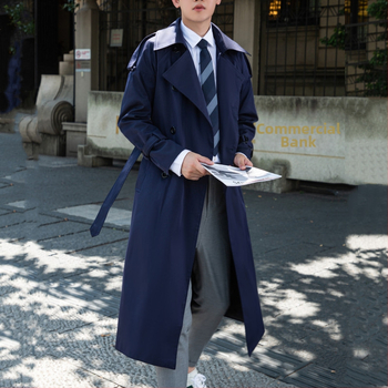 Muški trench coat s japanskim stilom, dvostruko kopčanje, rever, pojas, dugačak iznad koljena