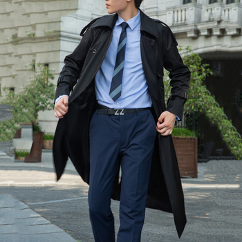 Muški trench coat s japanskim stilom, dvostruko kopčanje, rever, pojas, dugačak iznad koljena