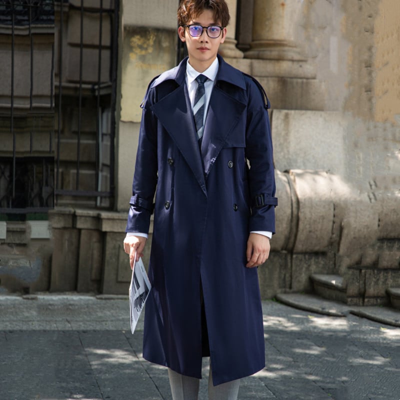 Muški trench coat s japanskim stilom, dvostruko kopčanje, rever, pojas, dugačak iznad koljena