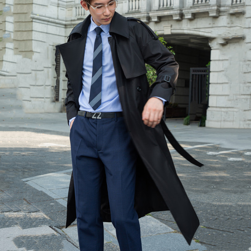 Muški trench coat s japanskim stilom, dvostruko kopčanje, rever, pojas, dugačak iznad koljena