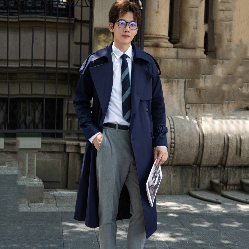 Muški trench coat s japanskim stilom, dvostruko kopčanje, rever, pojas, dugačak iznad koljena