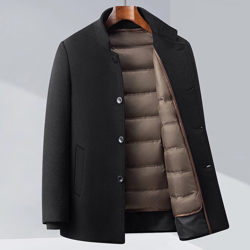 Muški vuneni kaput s stojećim ovratnikom i odvojivom podstavom s perjem, uski kroj, jesen-zima 2025