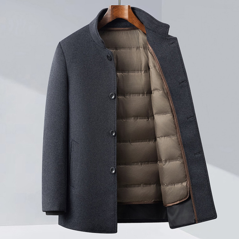 Muški vuneni kaput s stojećim ovratnikom i odvojivom podstavom s perjem, uski kroj, jesen-zima 2025