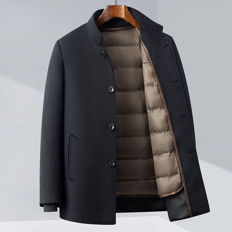 Muški vuneni kaput s stojećim ovratnikom i odvojivom podstavom s perjem, uski kroj, jesen-zima 2025