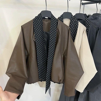 Ženska kožna jakna s Bat-Sleeve rukavima, umjetna koža, okrugli ovratnik, zatvarač, ultra kratka duljina