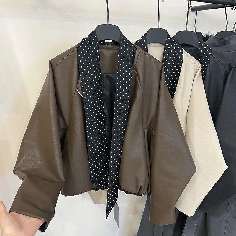 Ženska kožna jakna s Bat-Sleeve rukavima, umjetna koža, okrugli ovratnik, zatvarač, ultra kratka duljina