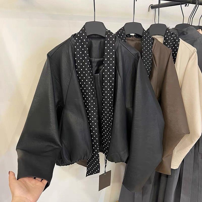 Ženska kožna jakna s Bat-Sleeve rukavima, umjetna koža, okrugli ovratnik, zatvarač, ultra kratka duljina