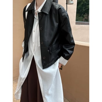 Ženska PU kožna jakna, opušteni japansko-korejski stil s retro dizajnom, rever, dugi rukavi, kopčanje s kopčama