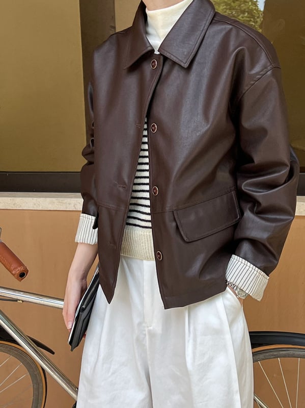 Ženska PU kožna jakna, opušteni japansko-korejski stil s retro dizajnom, rever, dugi rukavi, kopčanje s kopčama