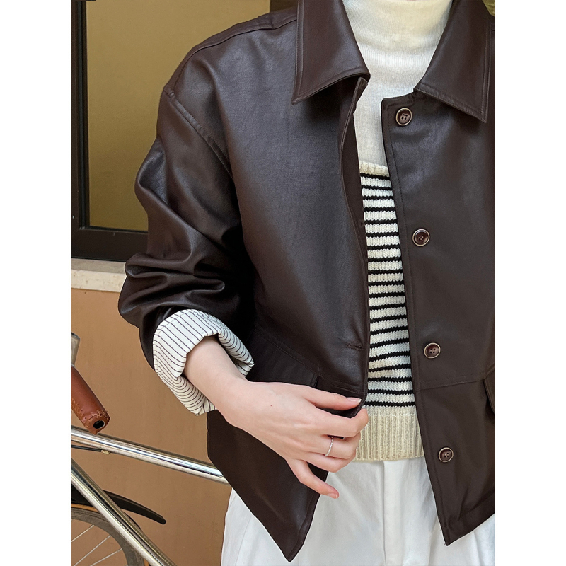 Ženska PU kožna jakna, opušteni japansko-korejski stil s retro dizajnom, rever, dugi rukavi, kopčanje s kopčama