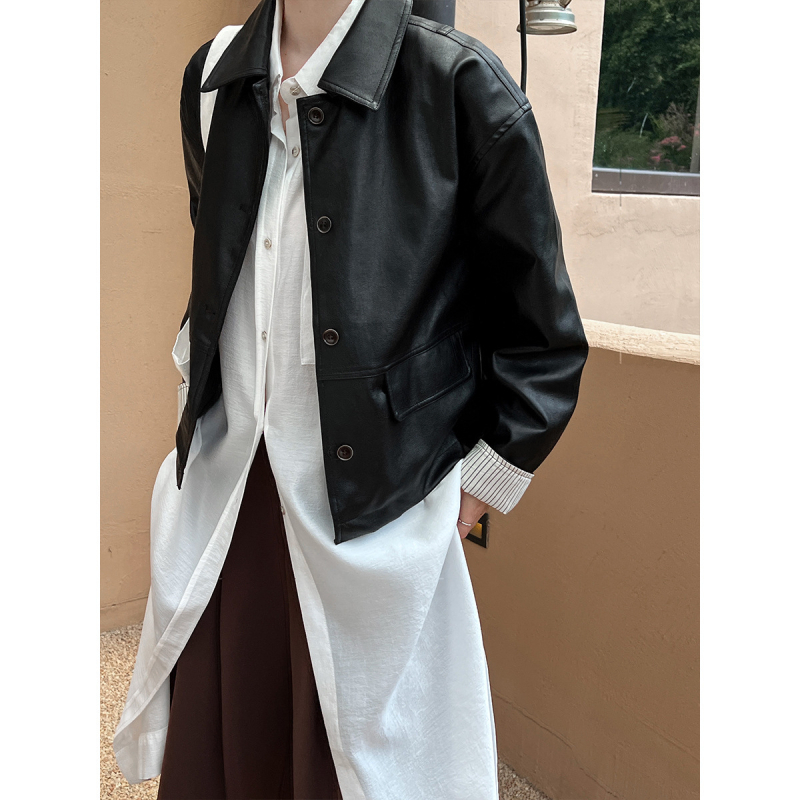 Ženska PU kožna jakna, opušteni japansko-korejski stil s retro dizajnom, rever, dugi rukavi, kopčanje s kopčama