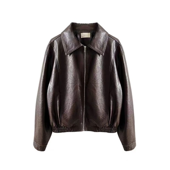 PU kožna moto jakna, opuštena silueta, ovratnik s klopom, zatvarač, casual stil japansko-korejski