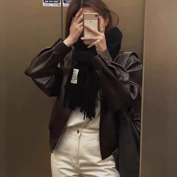 PU kožna moto jakna, opuštena silueta, ovratnik s klopom, zatvarač, casual stil japansko-korejski