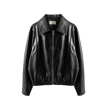 PU kožna moto jakna, opuštena silueta, ovratnik s klopom, zatvarač, casual stil japansko-korejski