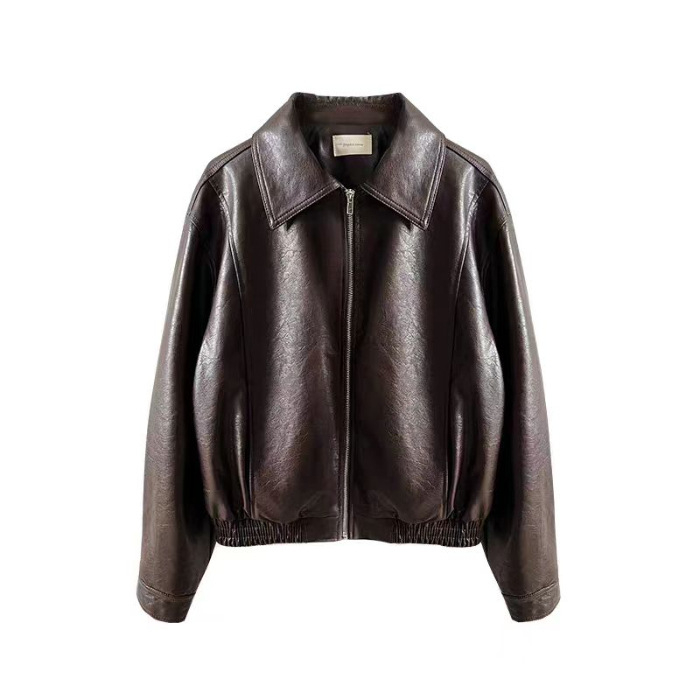 PU kožna moto jakna, opuštena silueta, ovratnik s klopom, zatvarač, casual stil japansko-korejski