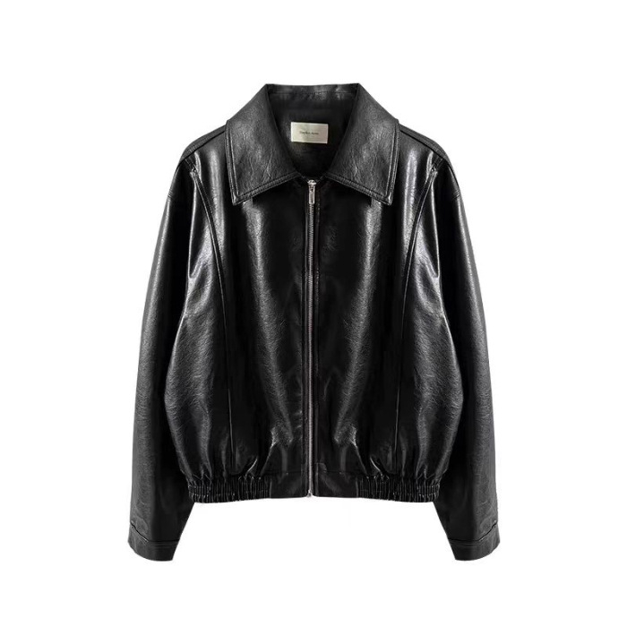 PU kožna moto jakna, opuštena silueta, ovratnik s klopom, zatvarač, casual stil japansko-korejski