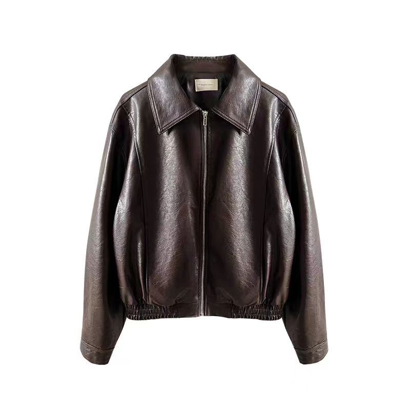 PU kožna moto jakna, opuštena silueta, ovratnik s klopom, zatvarač, casual stil japansko-korejski