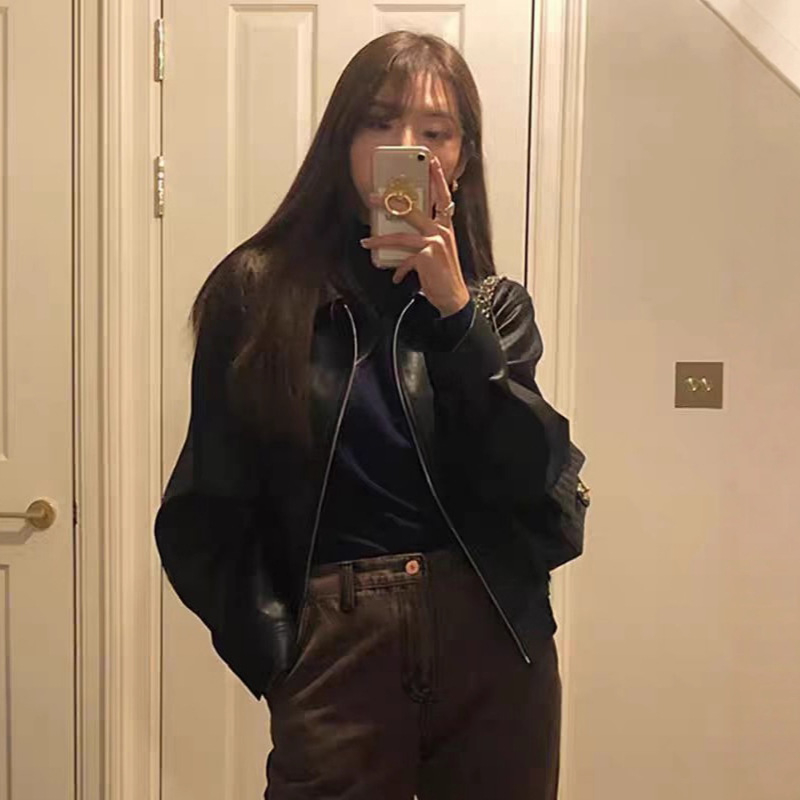 PU kožna moto jakna, opuštena silueta, ovratnik s klopom, zatvarač, casual stil japansko-korejski