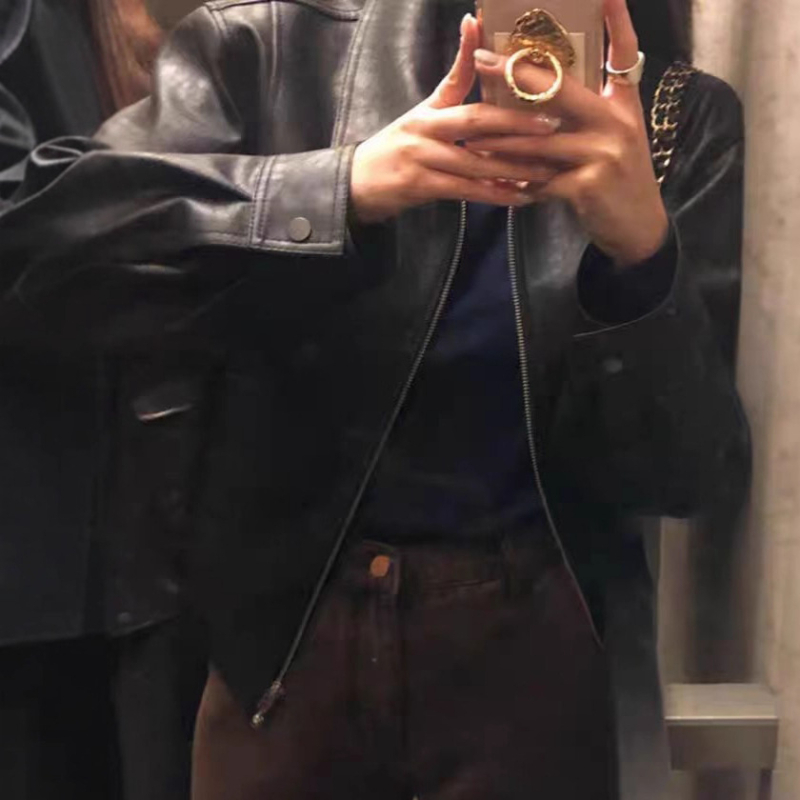 PU kožna moto jakna, opuštena silueta, ovratnik s klopom, zatvarač, casual stil japansko-korejski