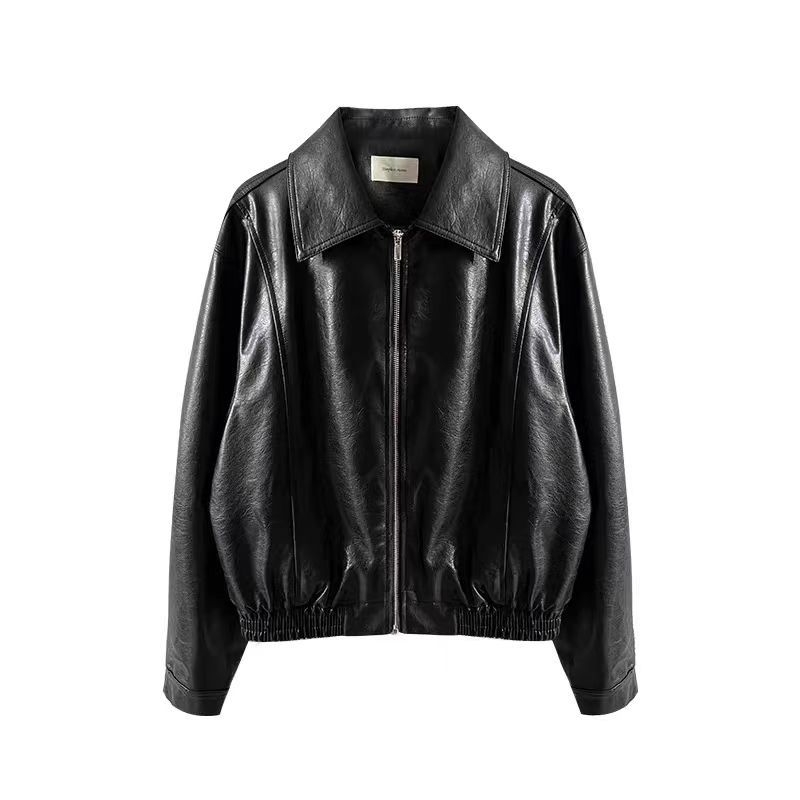PU kožna moto jakna, opuštena silueta, ovratnik s klopom, zatvarač, casual stil japansko-korejski