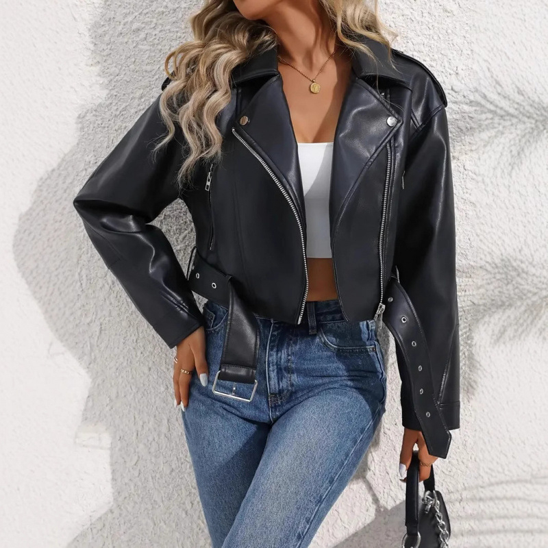 Žensko PU kožno jakna, motociklistički stil, ovratnik lapel, zatvarač