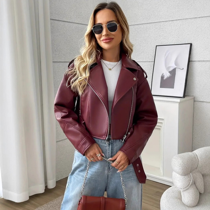 Žensko PU kožno jakna, motociklistički stil, ovratnik lapel, zatvarač