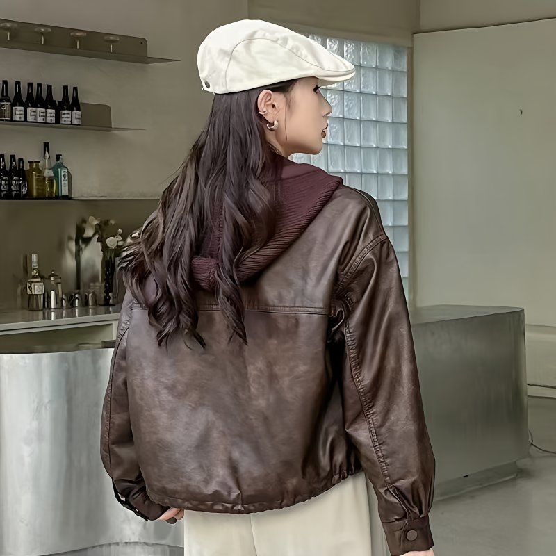Ženska jakna od umjetne kože s chenille materijalom, polo ovratnik, zatvarač, A-kroj