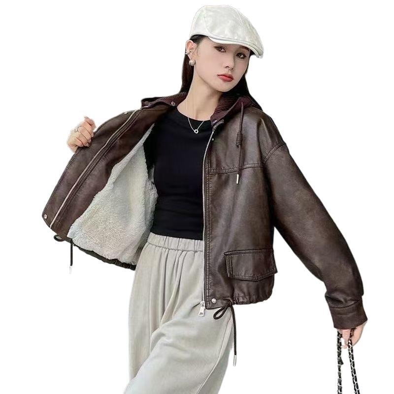 Ženska jakna od umjetne kože s chenille materijalom, polo ovratnik, zatvarač, A-kroj