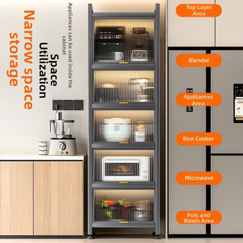 Kuchynská polica pre úzke priestory – podlaha, viacposchodová skriňa na hrnce a mikrovlnnú rúru, pohyblivá, z uhlíkovej ocele