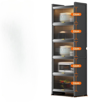 Konyhai keskeny rekesz tároló – padlón álló, többrétegű edény- és mikrohullámú szekrény, mozgatható, szénacélból