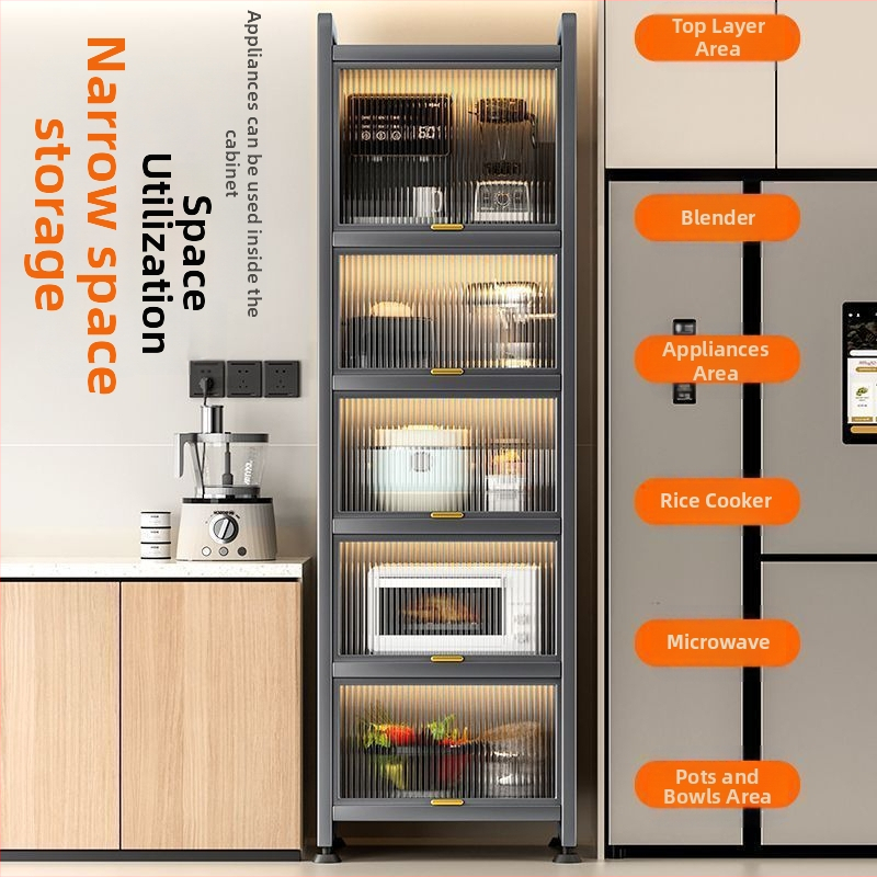 Kuchynská polica pre úzke priestory – podlaha, viacposchodová skriňa na hrnce a mikrovlnnú rúru, pohyblivá, z uhlíkovej ocele