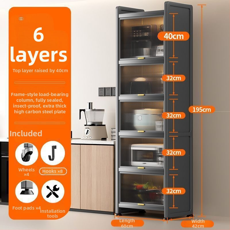 Kuchynská polica pre úzke priestory – podlaha, viacposchodová skriňa na hrnce a mikrovlnnú rúru, pohyblivá, z uhlíkovej ocele