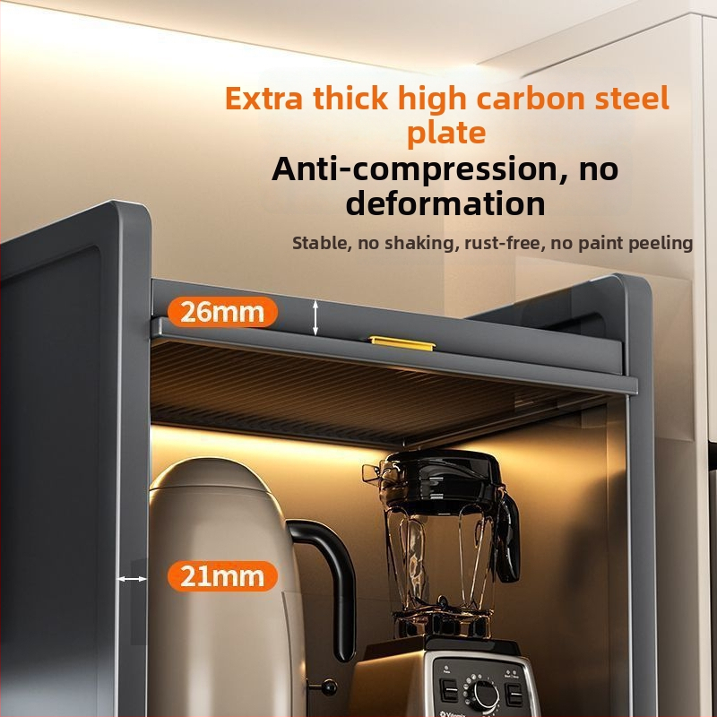 Kuchynská polica pre úzke priestory – podlaha, viacposchodová skriňa na hrnce a mikrovlnnú rúru, pohyblivá, z uhlíkovej ocele