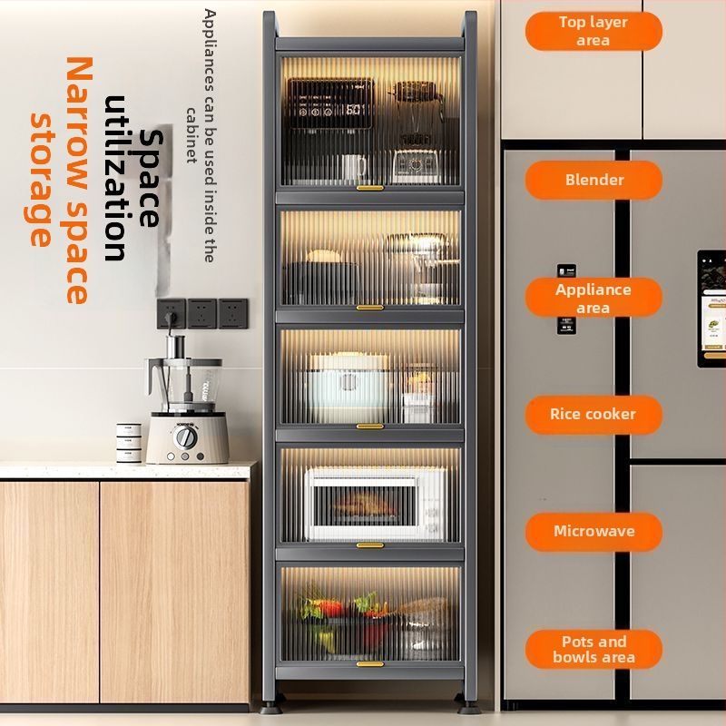 Kuchynská polica pre úzke priestory – podlaha, viacposchodová skriňa na hrnce a mikrovlnnú rúru, pohyblivá, z uhlíkovej ocele