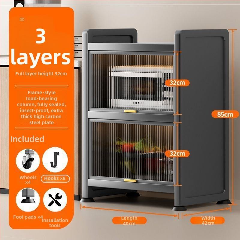 Kuchynská polica pre úzke priestory – podlaha, viacposchodová skriňa na hrnce a mikrovlnnú rúru, pohyblivá, z uhlíkovej ocele