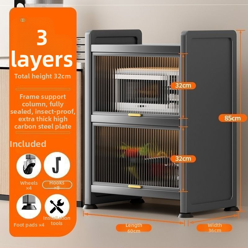 Kuchynská polica pre úzke priestory – podlaha, viacposchodová skriňa na hrnce a mikrovlnnú rúru, pohyblivá, z uhlíkovej ocele