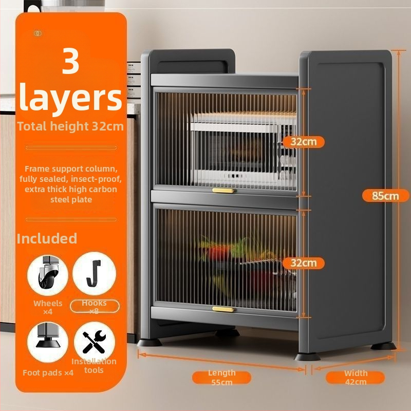 Kuchynská polica pre úzke priestory – podlaha, viacposchodová skriňa na hrnce a mikrovlnnú rúru, pohyblivá, z uhlíkovej ocele