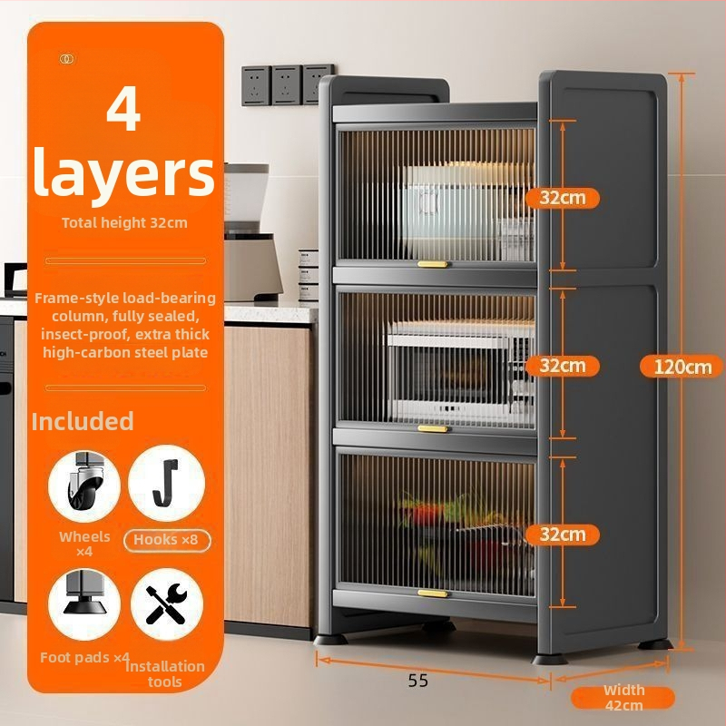 Kuchynská polica pre úzke priestory – podlaha, viacposchodová skriňa na hrnce a mikrovlnnú rúru, pohyblivá, z uhlíkovej ocele