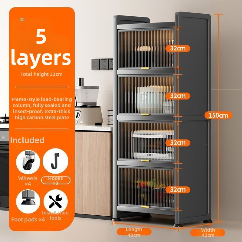 Kuchynská polica pre úzke priestory – podlaha, viacposchodová skriňa na hrnce a mikrovlnnú rúru, pohyblivá, z uhlíkovej ocele