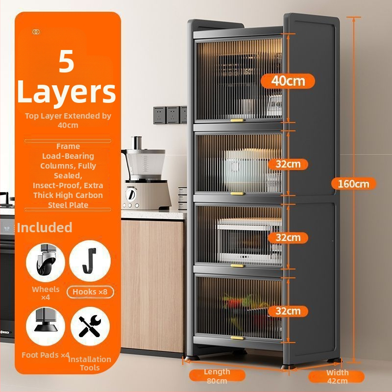 Kuchynská polica pre úzke priestory – podlaha, viacposchodová skriňa na hrnce a mikrovlnnú rúru, pohyblivá, z uhlíkovej ocele