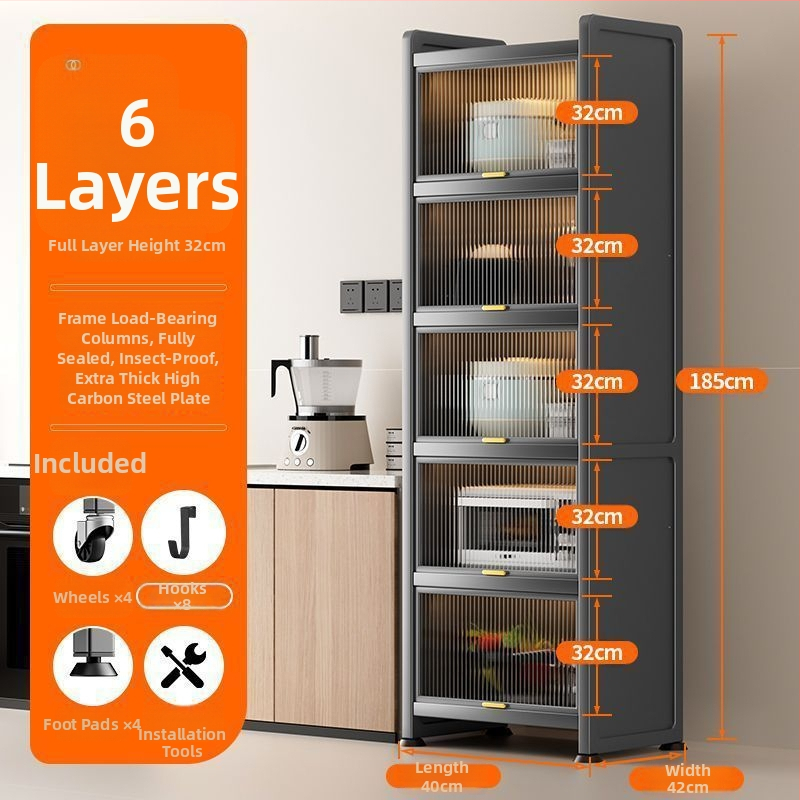 Kuchynská polica pre úzke priestory – podlaha, viacposchodová skriňa na hrnce a mikrovlnnú rúru, pohyblivá, z uhlíkovej ocele