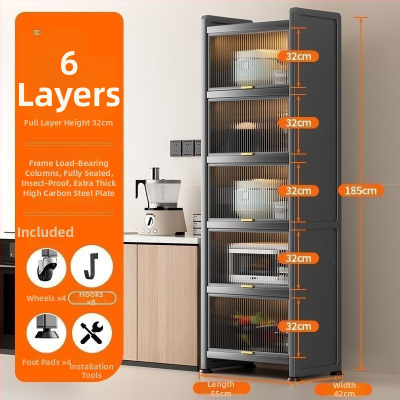 Kuchynská polica pre úzke priestory – podlaha, viacposchodová skriňa na hrnce a mikrovlnnú rúru, pohyblivá, z uhlíkovej ocele